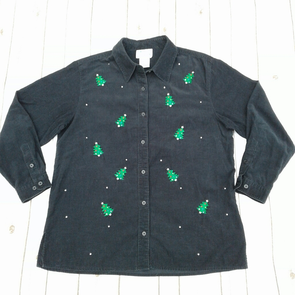 Corduroy button up shirt Christmas trees + sequins - Picture 2 of 8